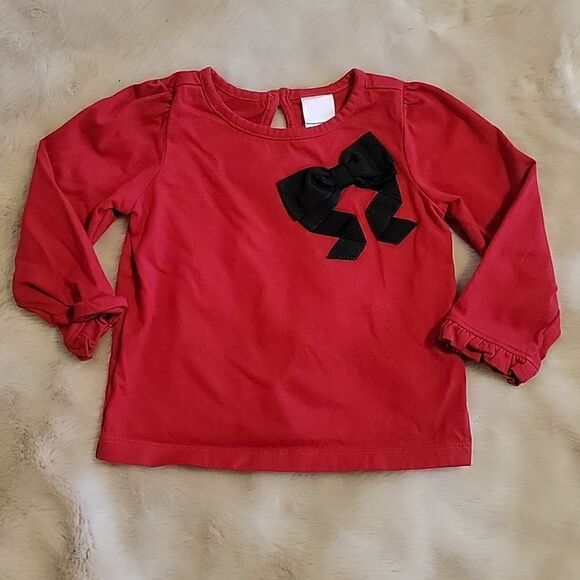 JANIE AND JACK RED LONG-SLEEVE TOP WITH BLACK BOW, SIZE 12-18 MONTHS - Picture 1 of 6